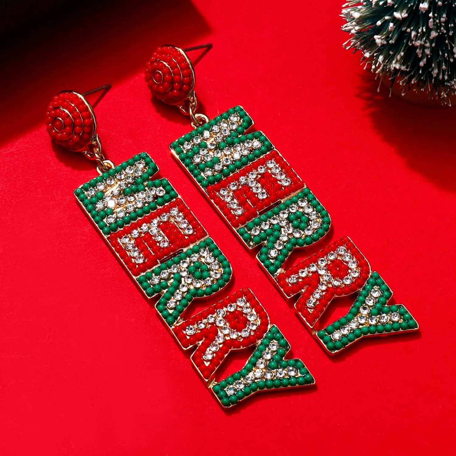 ANGLESJELL Christmas Earrings for Women Holiday Rhinestone Reindeer Dangle Earrings Xmas Jingle Bells Beaded Earrings Christmas Festive Party Jewelry Gifts