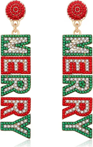 ANGLESJELL Christmas Earrings for Women Holiday Rhinestone Reindeer Dangle Earrings Xmas Jingle Bells Beaded Earrings Christmas Festive Party Jewelry Gifts