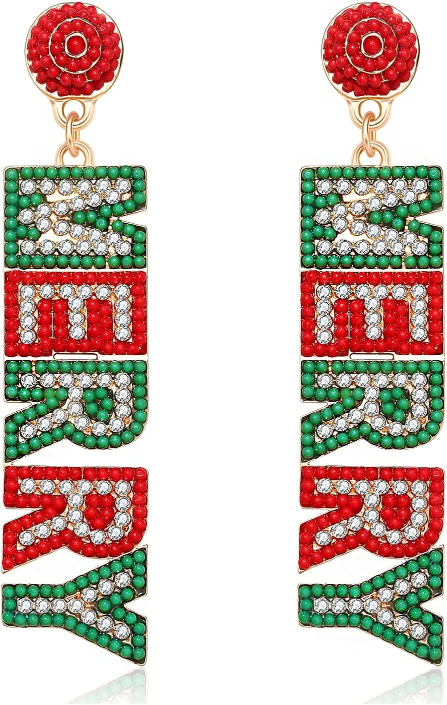 ANGLESJELL Christmas Earrings for Women Holiday Rhinestone Reindeer Dangle Earrings Xmas Jingle Bells Beaded Earrings Christmas Festive Party Jewelry Gifts
