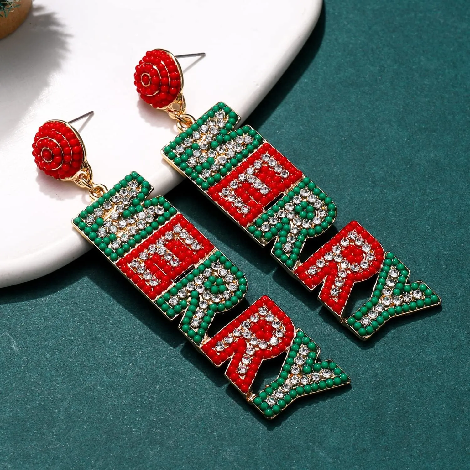ANGLESJELL Christmas Earrings for Women Holiday Rhinestone Reindeer Dangle Earrings Xmas Jingle Bells Beaded Earrings Christmas Festive Party Jewelry Gifts