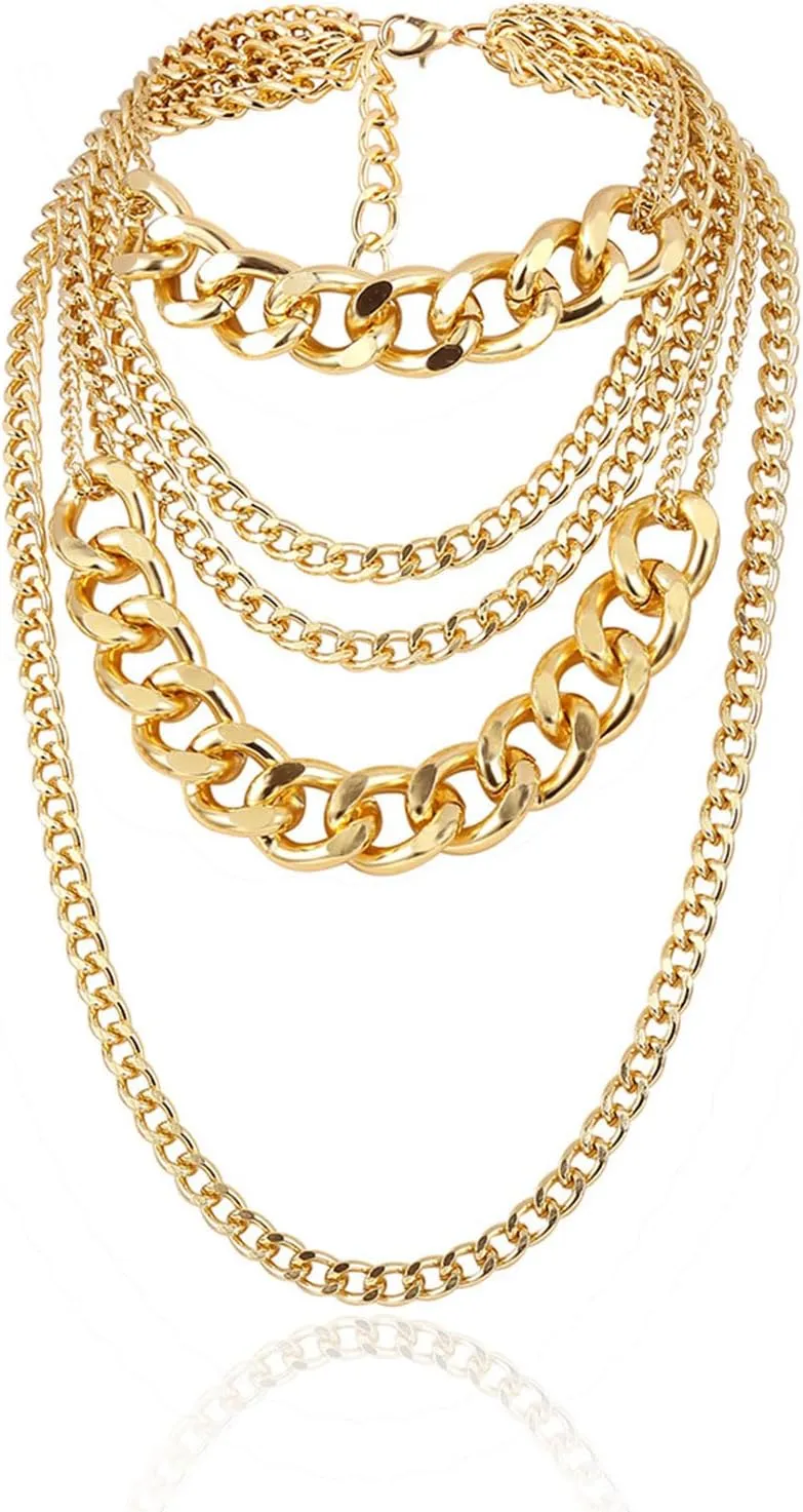 Aonklot Stocking Stuffers Holiday Outfits for Women 2024 Punk Chunky Necklaces Layered Cuban Link Chain Statement Necklace Gold Silver Layered Necklace Jewelry for Women