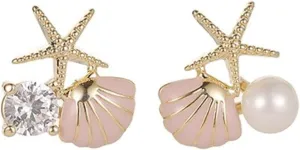 Asymmetric Shell Earrings Starfish Pearl Zircon Earrings Exquisite Boho Stud Earrings Summer Beach Jewelry for Women
