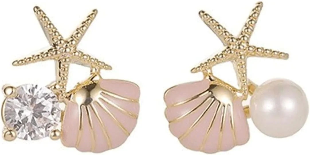 Asymmetric Shell Earrings Starfish Pearl Zircon Earrings Exquisite Boho Stud Earrings Summer Beach Jewelry for Women