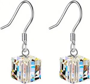 Austrian Crystal Cube Earrings for Women Handmade Exquisite Chic Clear Square Rhinestone Silver Plated Hypoallergenic Dangle Drop Earrings for Birthday Valentine Mother's Day Fashion Jewelry Gifts