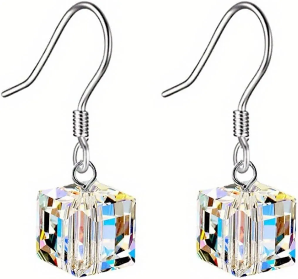 Austrian Crystal Cube Earrings for Women Handmade Exquisite Chic Clear Square Rhinestone Silver Plated Hypoallergenic Dangle Drop Earrings for Birthday Valentine Mother's Day Fashion Jewelry Gifts