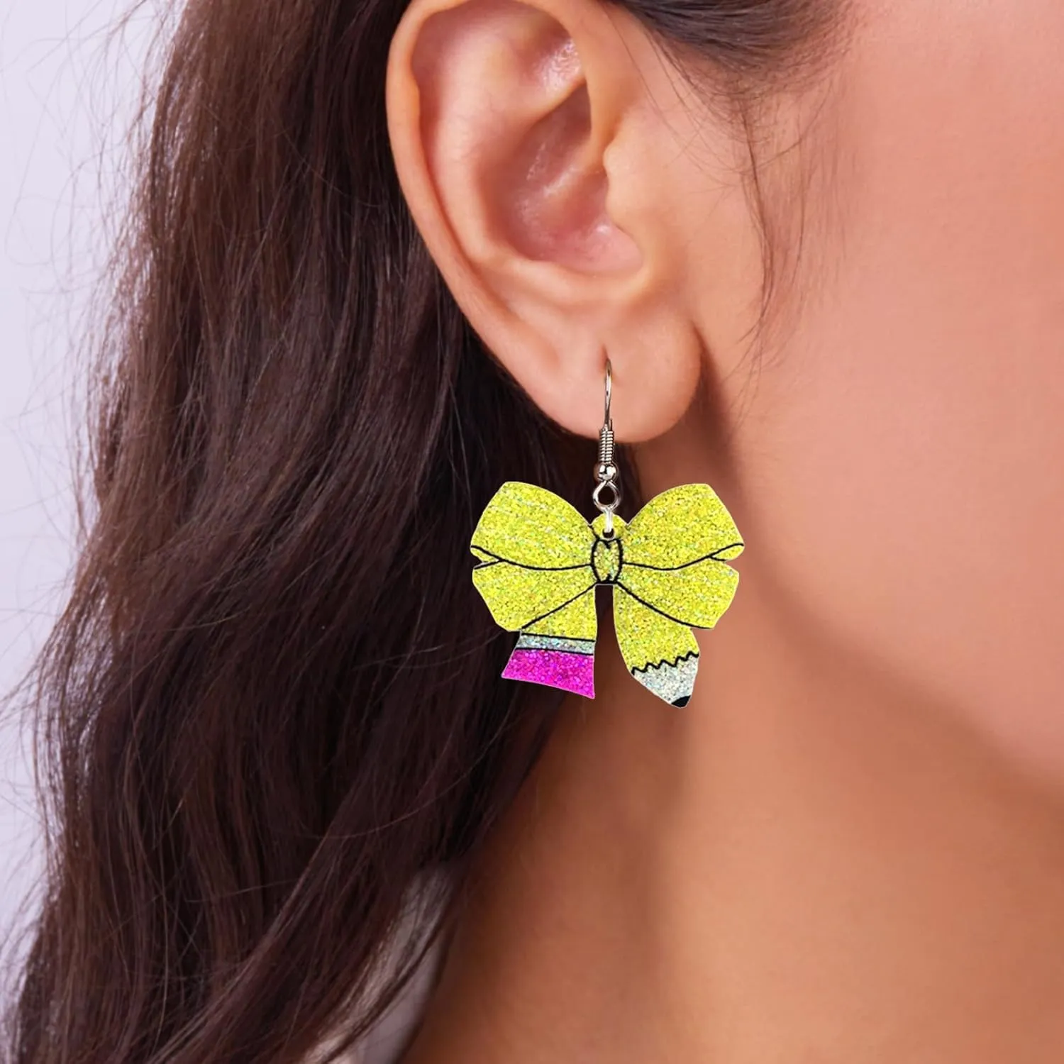 Back to School Teacher Pencil Bow Dangle Earrings for Women School Jewelry Gift Ideas