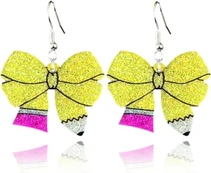 Back to School Teacher Pencil Bow Dangle Earrings for Women School Jewelry Gift Ideas