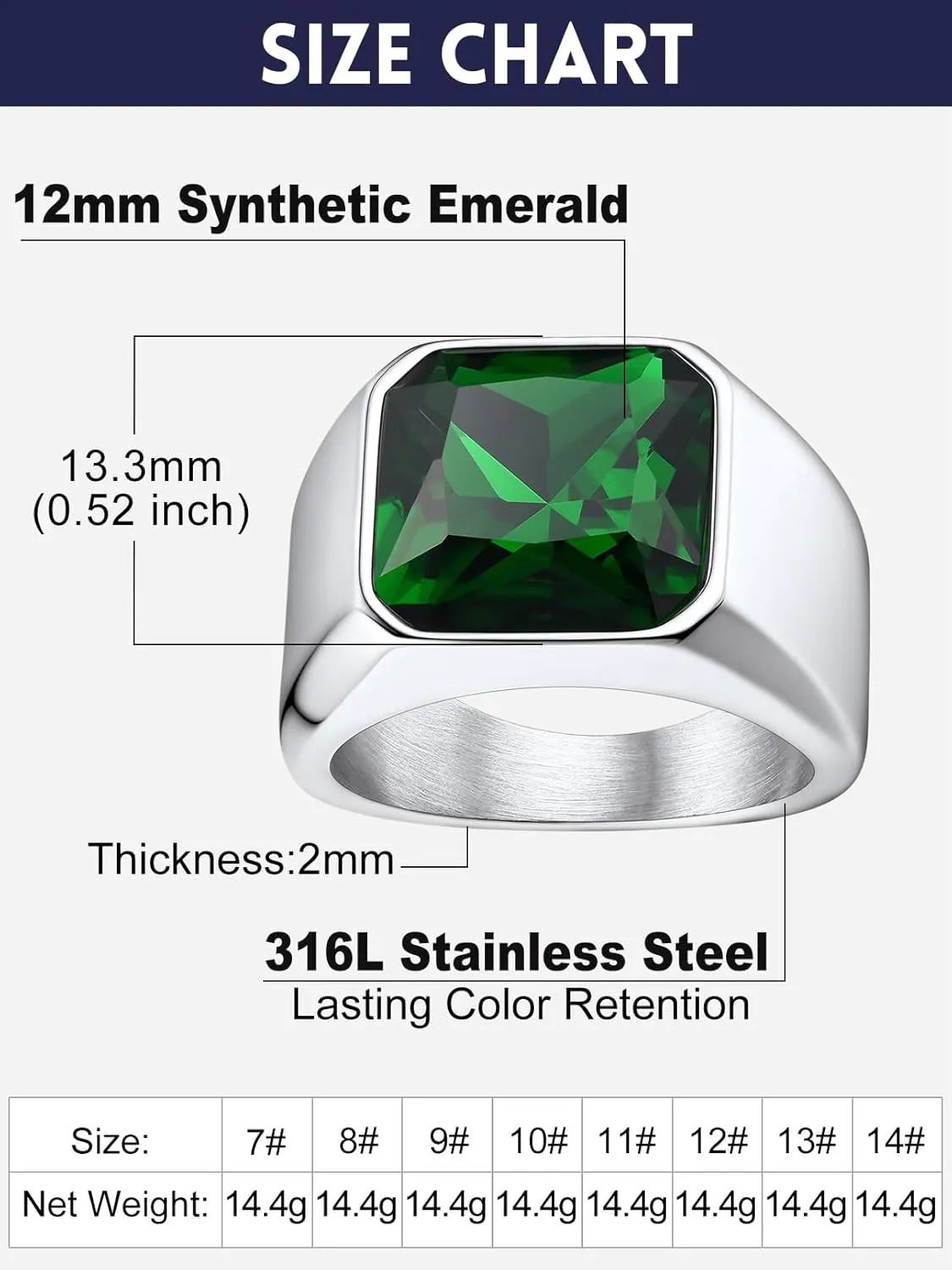 Bandmax Gemstone Signet Rings for Men, Stainless Steel Fancy Cut Cubic Zirconia Rings Blue Topaz/Emerald/Black Onyx/Ruby Ring Statement Ring Wedding Ring Size 7-14