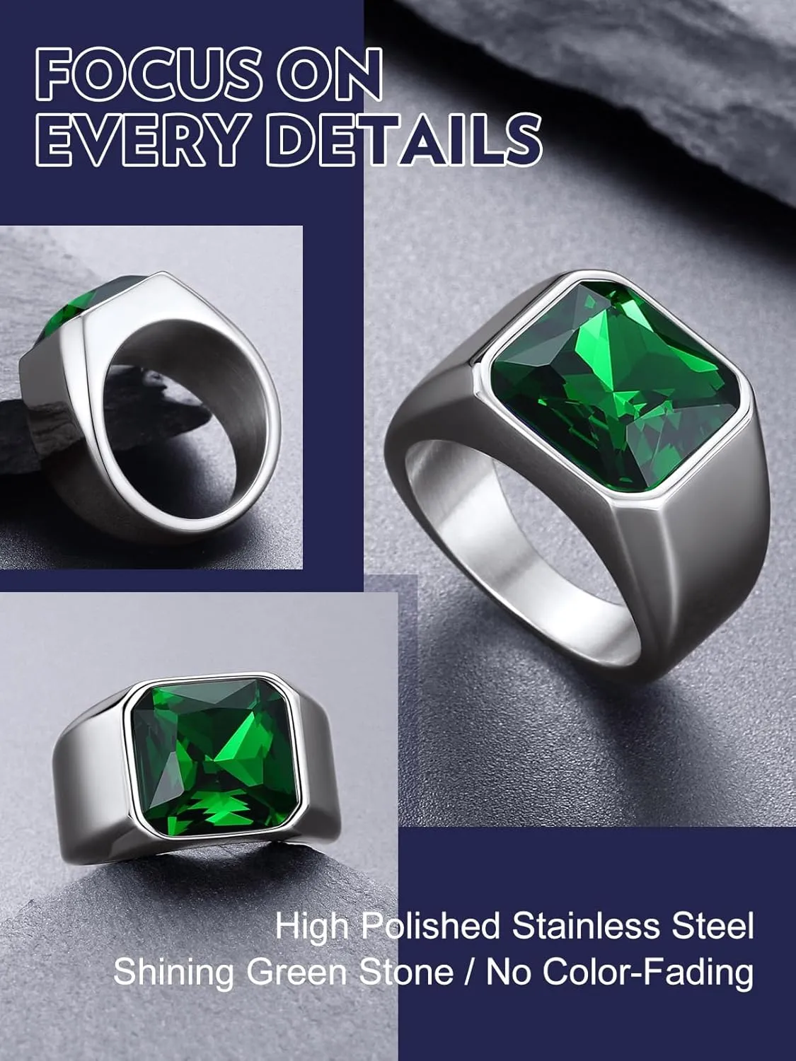 Bandmax Gemstone Signet Rings for Men, Stainless Steel Fancy Cut Cubic Zirconia Rings Blue Topaz/Emerald/Black Onyx/Ruby Ring Statement Ring Wedding Ring Size 7-14