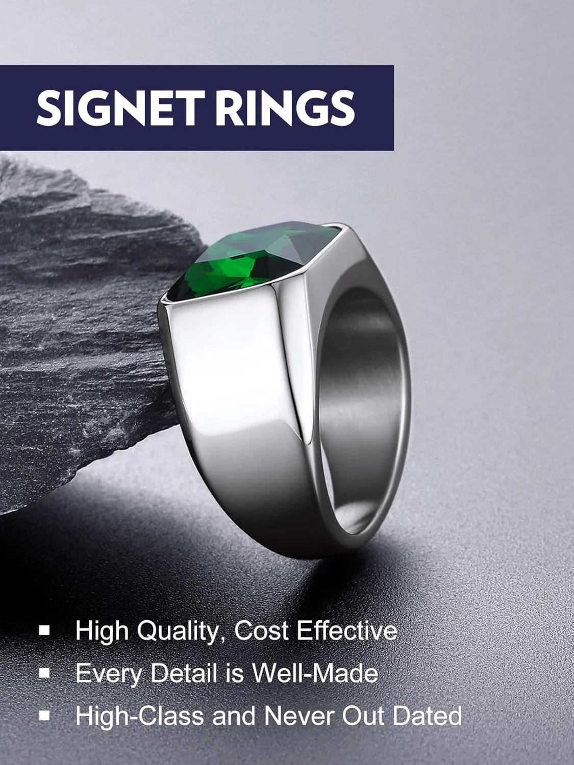 Bandmax Gemstone Signet Rings for Men, Stainless Steel Fancy Cut Cubic Zirconia Rings Blue Topaz/Emerald/Black Onyx/Ruby Ring Statement Ring Wedding Ring Size 7-14