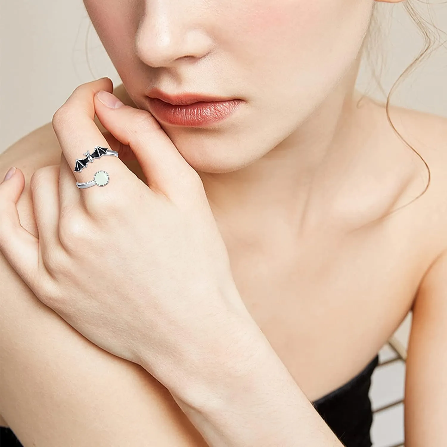 Bat Ring for Women 925 Sterling Silver Adjustable Halloween Bat Spider Open Ring Vampire Bat Spider Thumb Rings Jewelry Gift for Mom Daughter Wife