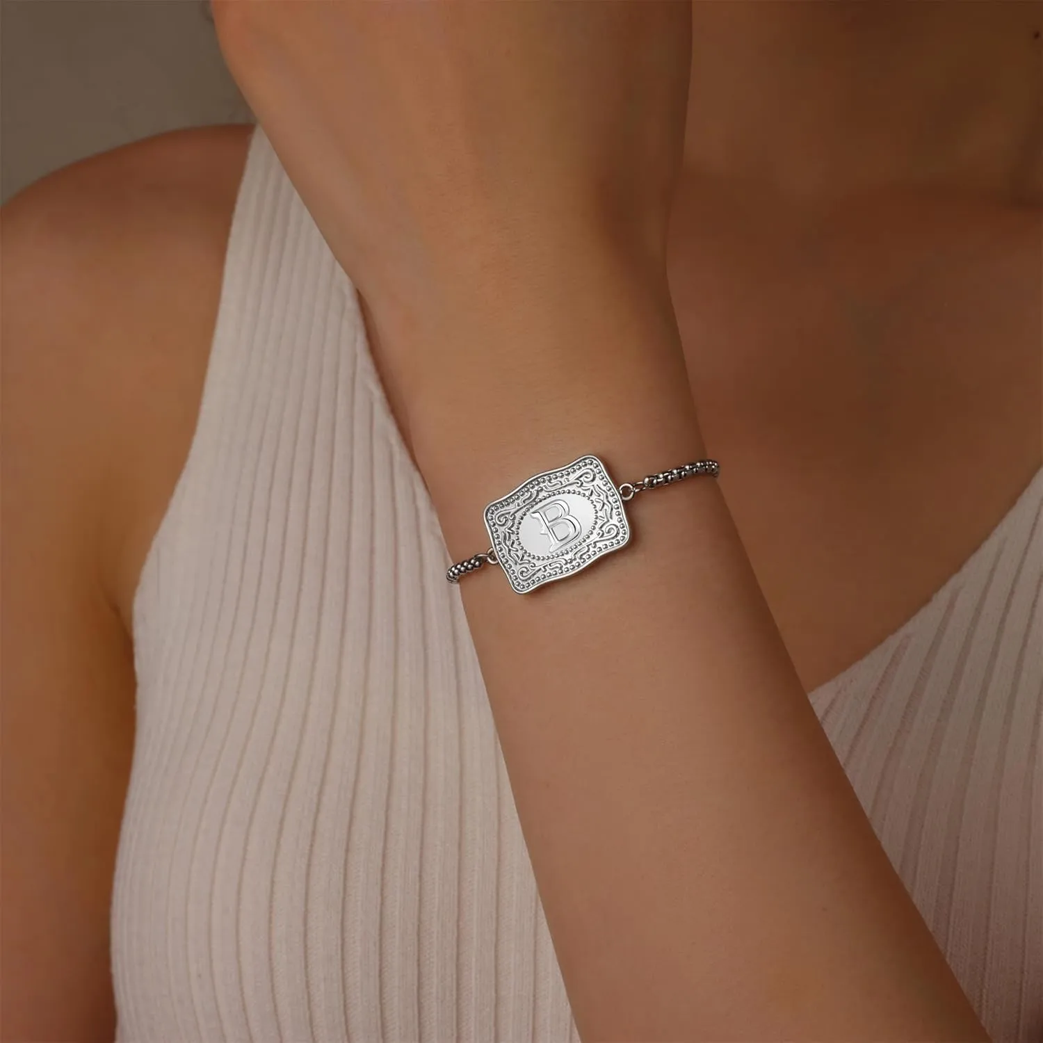 Belt Buckle Initial Bracelet for Women, 18K Gold/Silver Plated Belt Buckle Initial A-Z Bracelet, Unique Western Style Jewelry Gifts for Women Men