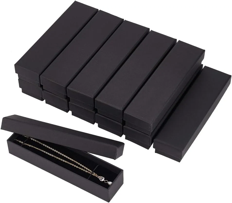 BENECREAT 12 Pack Black Necklace Cardboard Jewellery Box 7x1.7x1.3" Kraft Paper Box Long Jewellery Gift Box with Sponge for Necklace Jewelry, Valentine's Gift Packaging