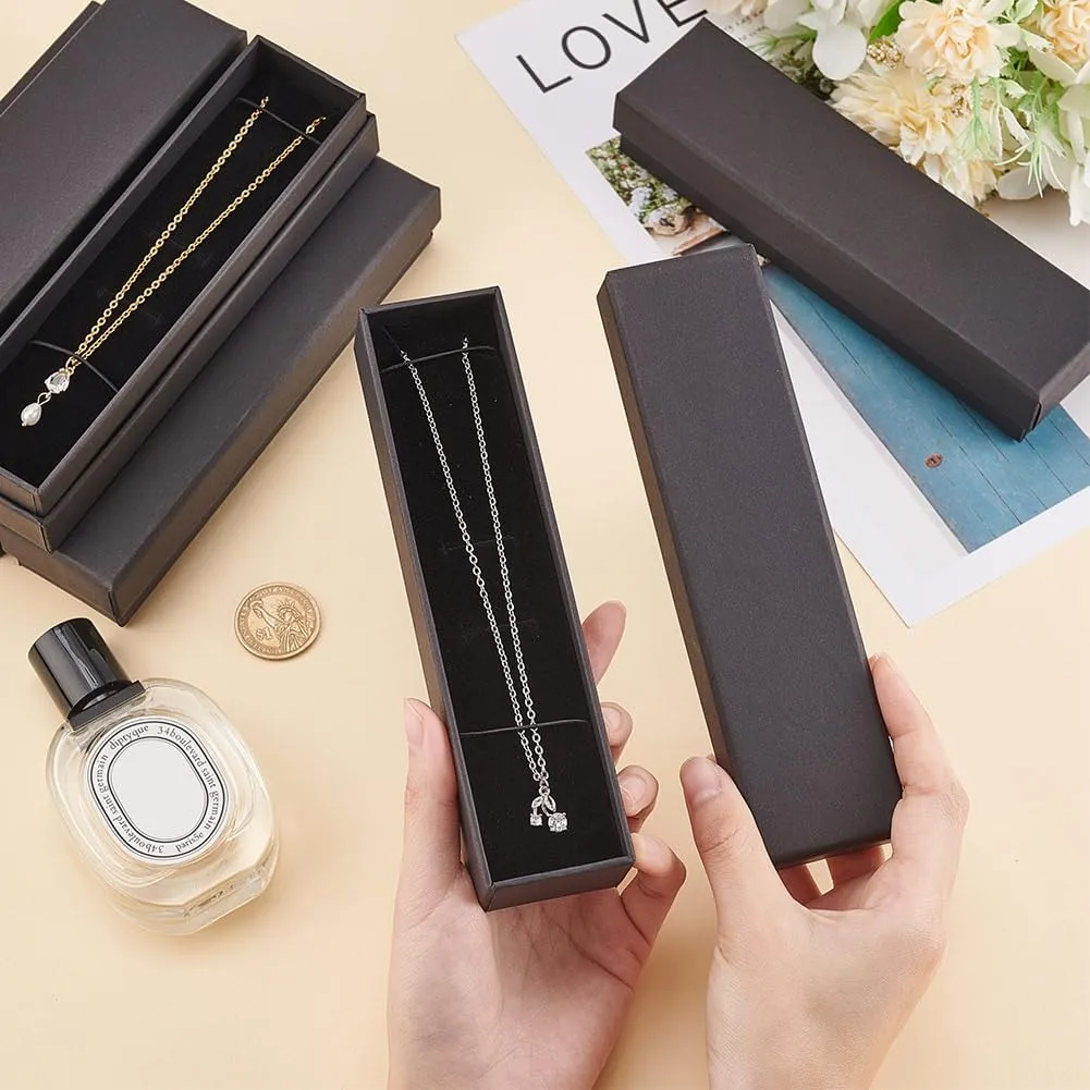 BENECREAT 12 Pack Black Necklace Cardboard Jewellery Box 7x1.7x1.3" Kraft Paper Box Long Jewellery Gift Box with Sponge for Necklace Jewelry, Valentine's Gift Packaging