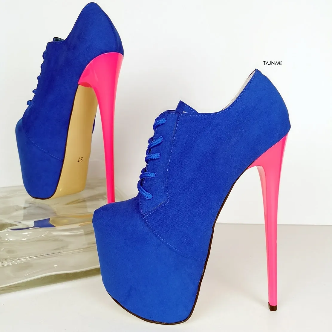 Blue Suede Pink Lace Up Oxford Heels