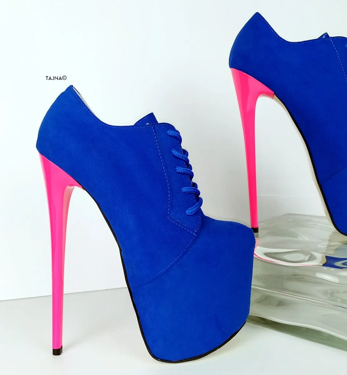 Blue Suede Pink Lace Up Oxford Heels