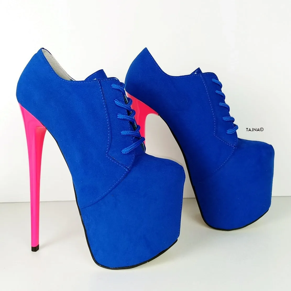 Blue Suede Pink Lace Up Oxford Heels