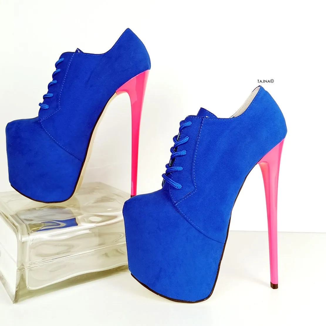 Blue Suede Pink Lace Up Oxford Heels