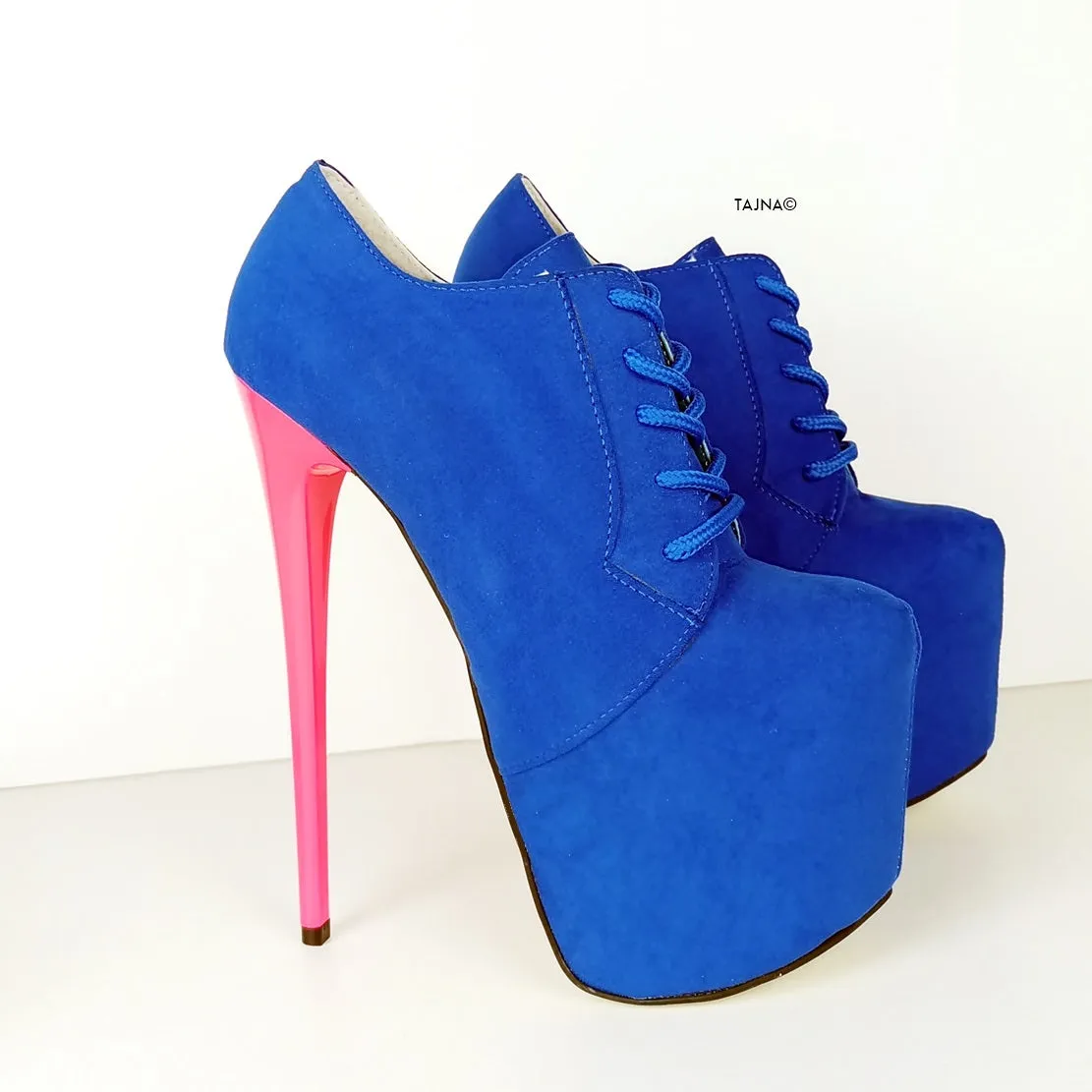 Blue Suede Pink Lace Up Oxford Heels