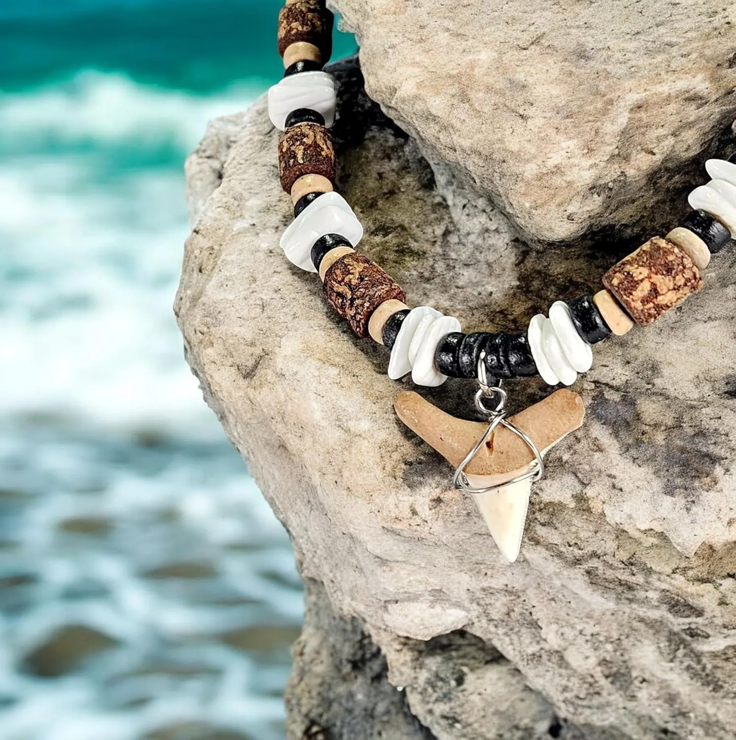 BlueRica Shark Tooth on Coconut Shell Beads Necklace (18" 3L)