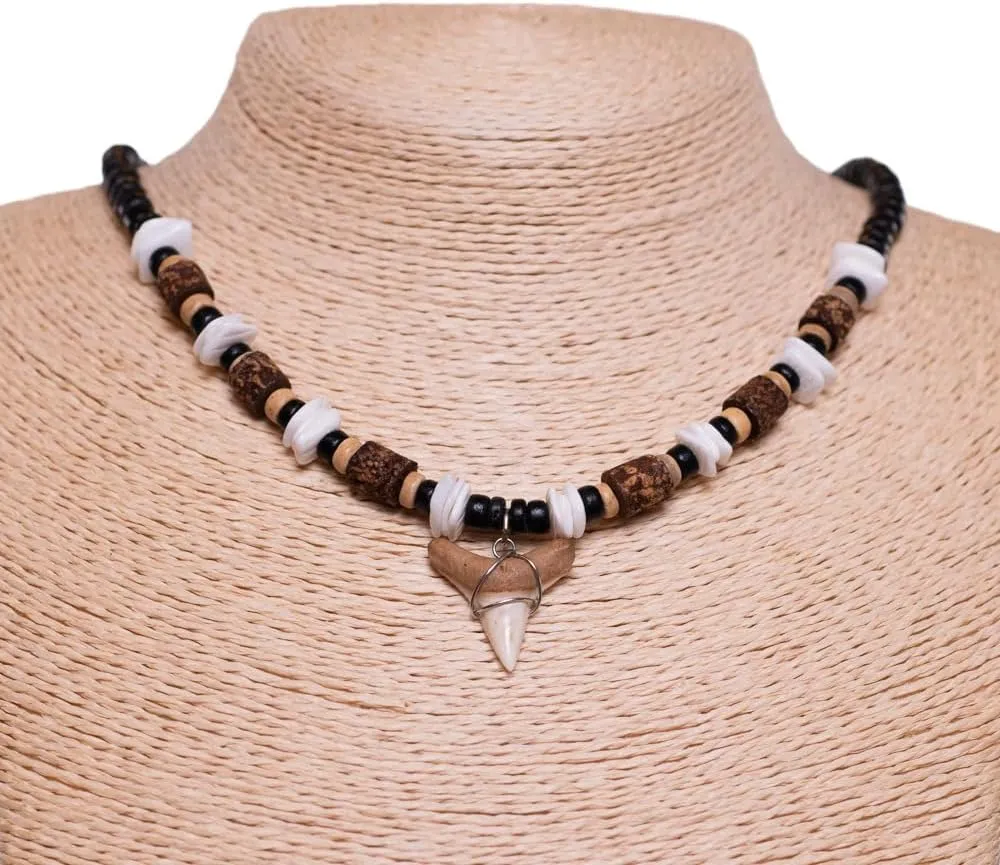 BlueRica Shark Tooth on Coconut Shell Beads Necklace (18" 3L)