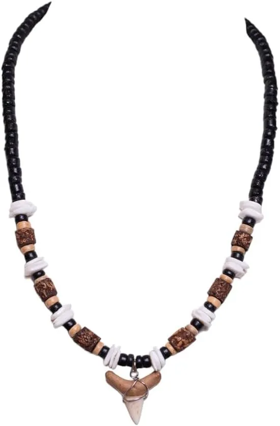 BlueRica Shark Tooth on Coconut Shell Beads Necklace (18" 3L)