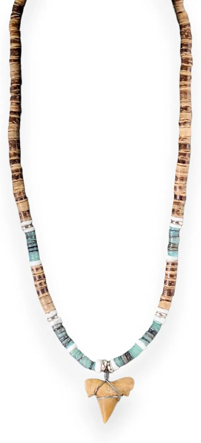 BlueRica Shark Tooth Pendant on Coconut Beads Necklace (1S)