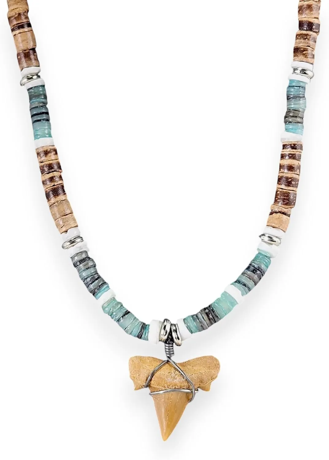 BlueRica Shark Tooth Pendant on Coconut Beads Necklace (1S)