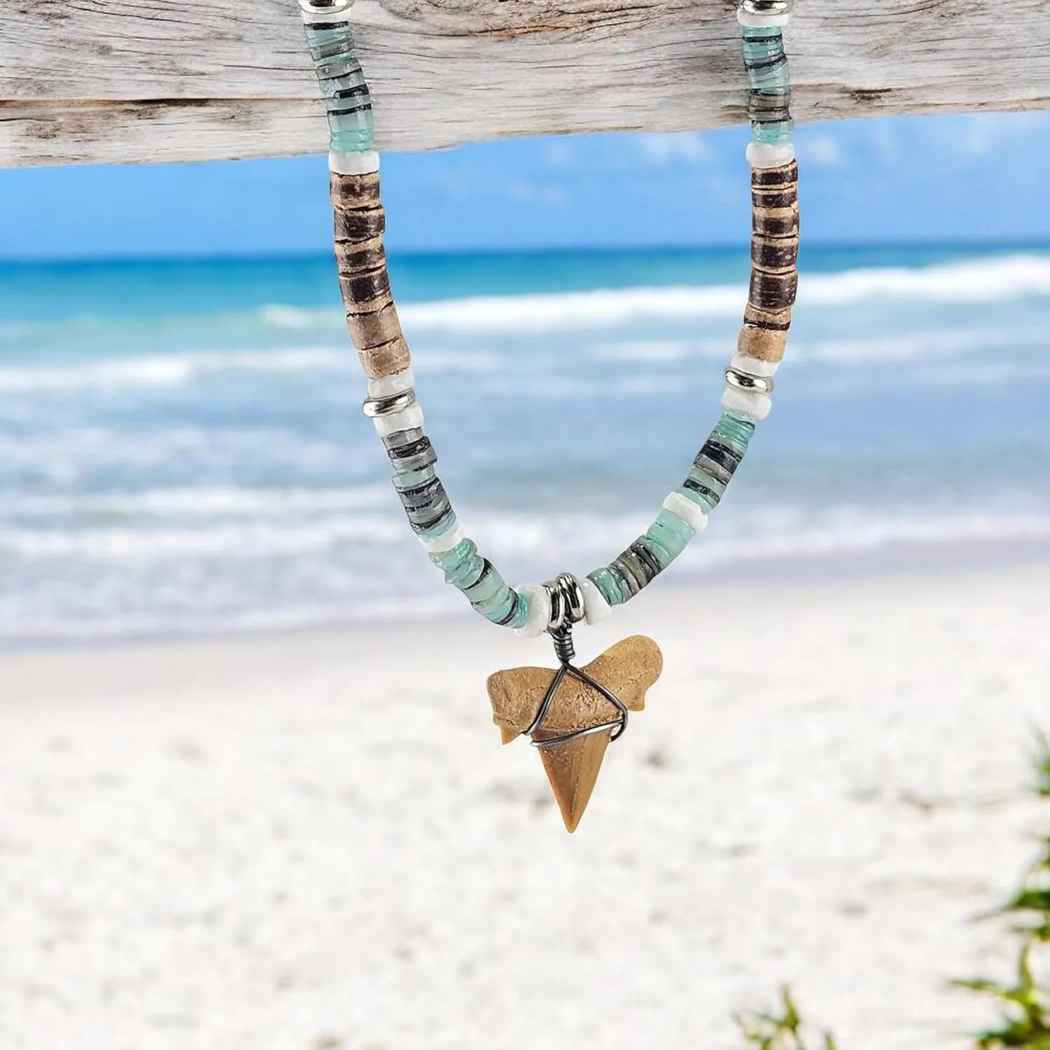 BlueRica Shark Tooth Pendant on Coconut Beads Necklace (1S)