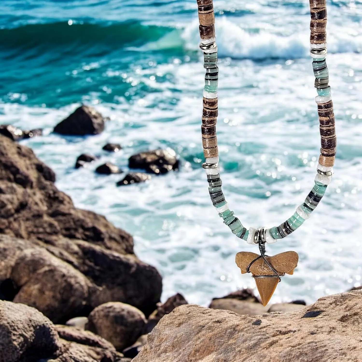 BlueRica Shark Tooth Pendant on Coconut Beads Necklace (1S)
