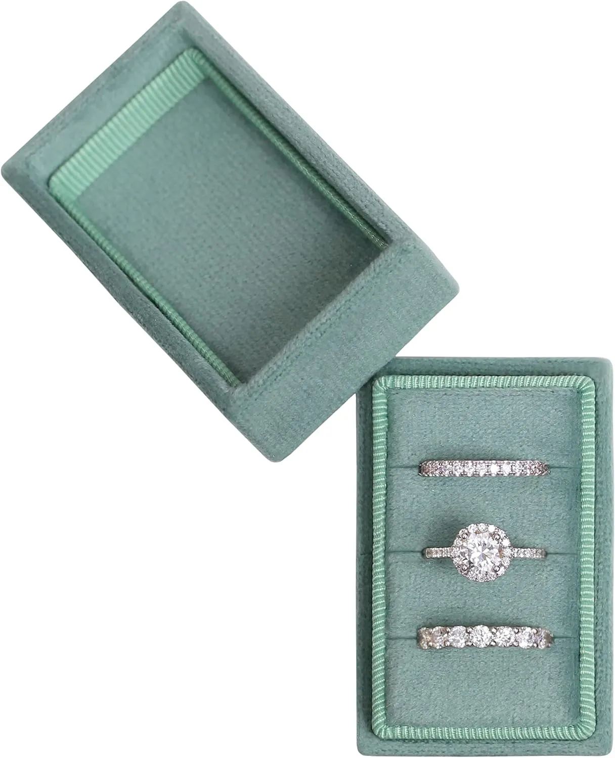 BLUTETE Rectangle 3 Slots Italian Velvet Jewelry Box Engagement Wedding Photo Ring Box Keepsake Box Triple Ring Gift Box (Emerald Green)
