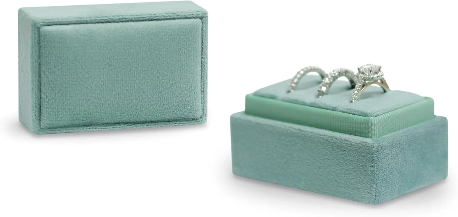 BLUTETE Rectangle 3 Slots Italian Velvet Jewelry Box Engagement Wedding Photo Ring Box Keepsake Box Triple Ring Gift Box (Emerald Green)