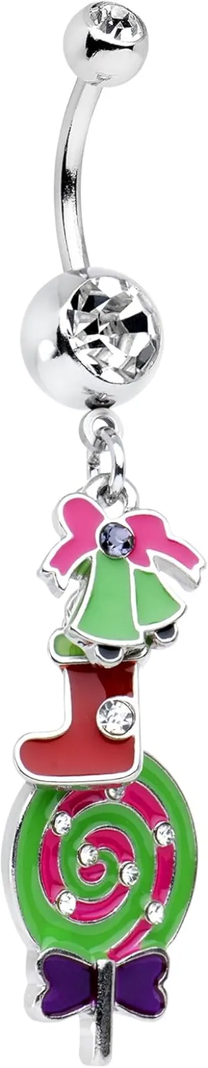 Body Candy Stainless Steel Colorful Christmas Lollipop Dangle Belly Ring