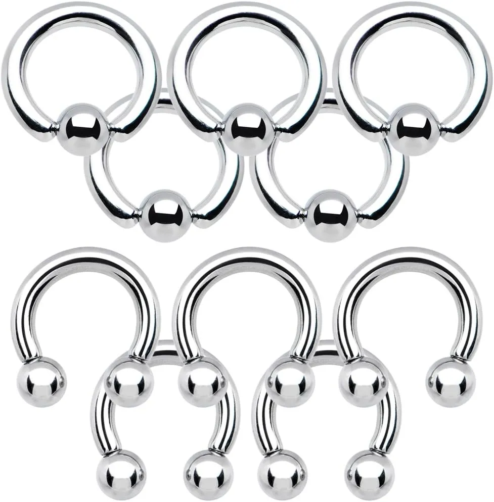 BodyJewelryOnline Captive Bead and Horseshoes Ring, 316L Surgical Steel, Versatile Uses(Ear Lobe, Prince Albert, Labia Piercings), Shaft: 12mm Thickness, Autoclave Safe, 10 Pieces