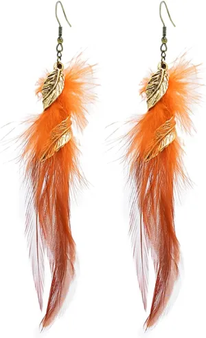 Bohemian Handmade Natural Long Feather Dangle Earrings for Women Multicolor Tassel Feathers Dangle Drop Earrings Vintage Bohemian Earrings Boho Feather Earrings