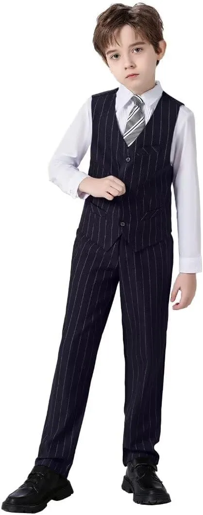 Boys Pinstripe Suits Kids Wedding Bearer Outfit Toddler Boy Communion Clothes Easter Formal Suit Set with Shirt and Tie