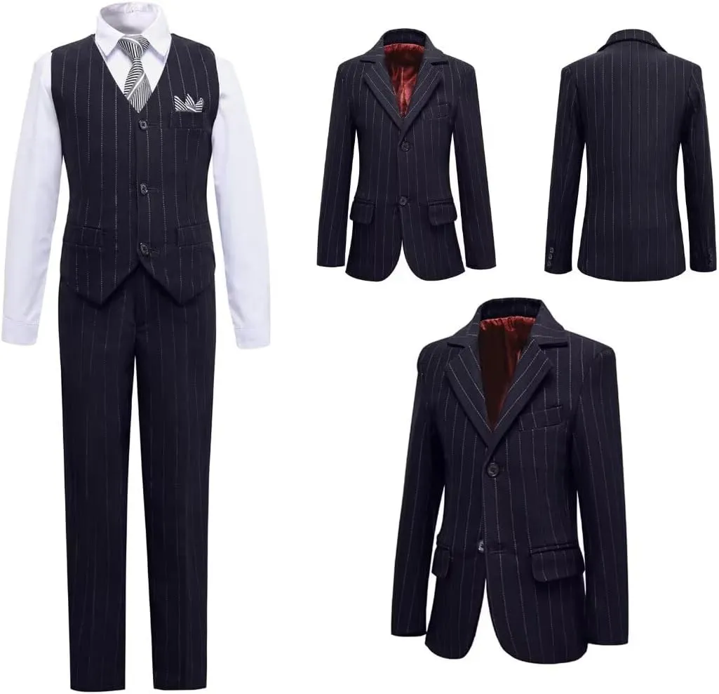Boys Pinstripe Suits Kids Wedding Bearer Outfit Toddler Boy Communion Clothes Easter Formal Suit Set with Shirt and Tie