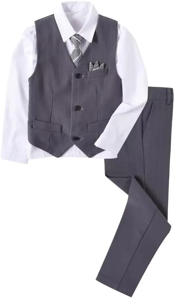 Boys Pinstripe Suits Kids Wedding Bearer Outfit Toddler Boy Communion Clothes Easter Formal Suit Set with Shirt and Tie