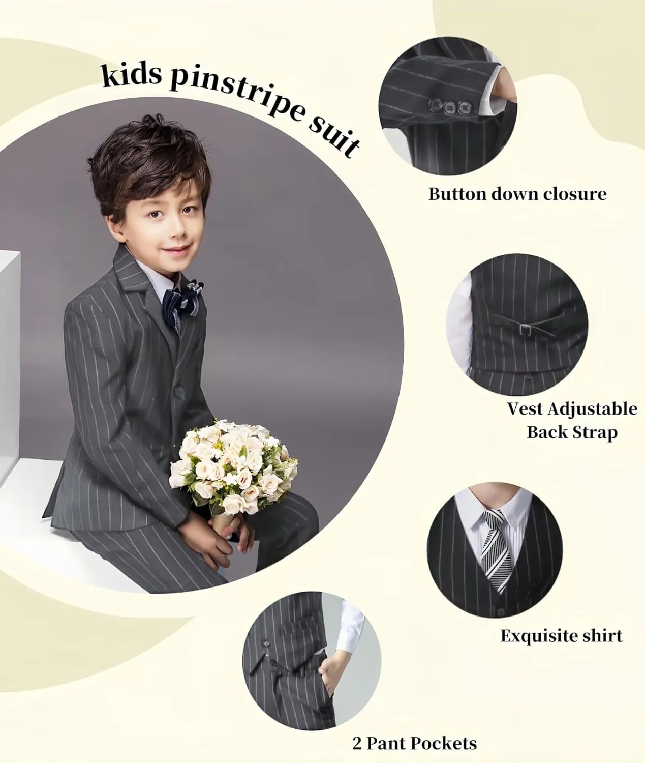 Boys Pinstripe Suits Kids Wedding Bearer Outfit Toddler Boy Communion Clothes Easter Formal Suit Set with Shirt and Tie