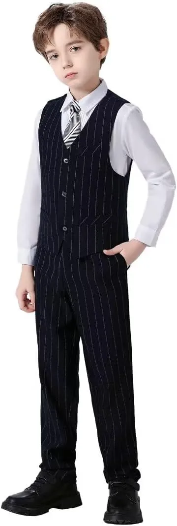 Boys Pinstripe Suits Kids Wedding Bearer Outfit Toddler Boy Communion Clothes Easter Formal Suit Set with Shirt and Tie