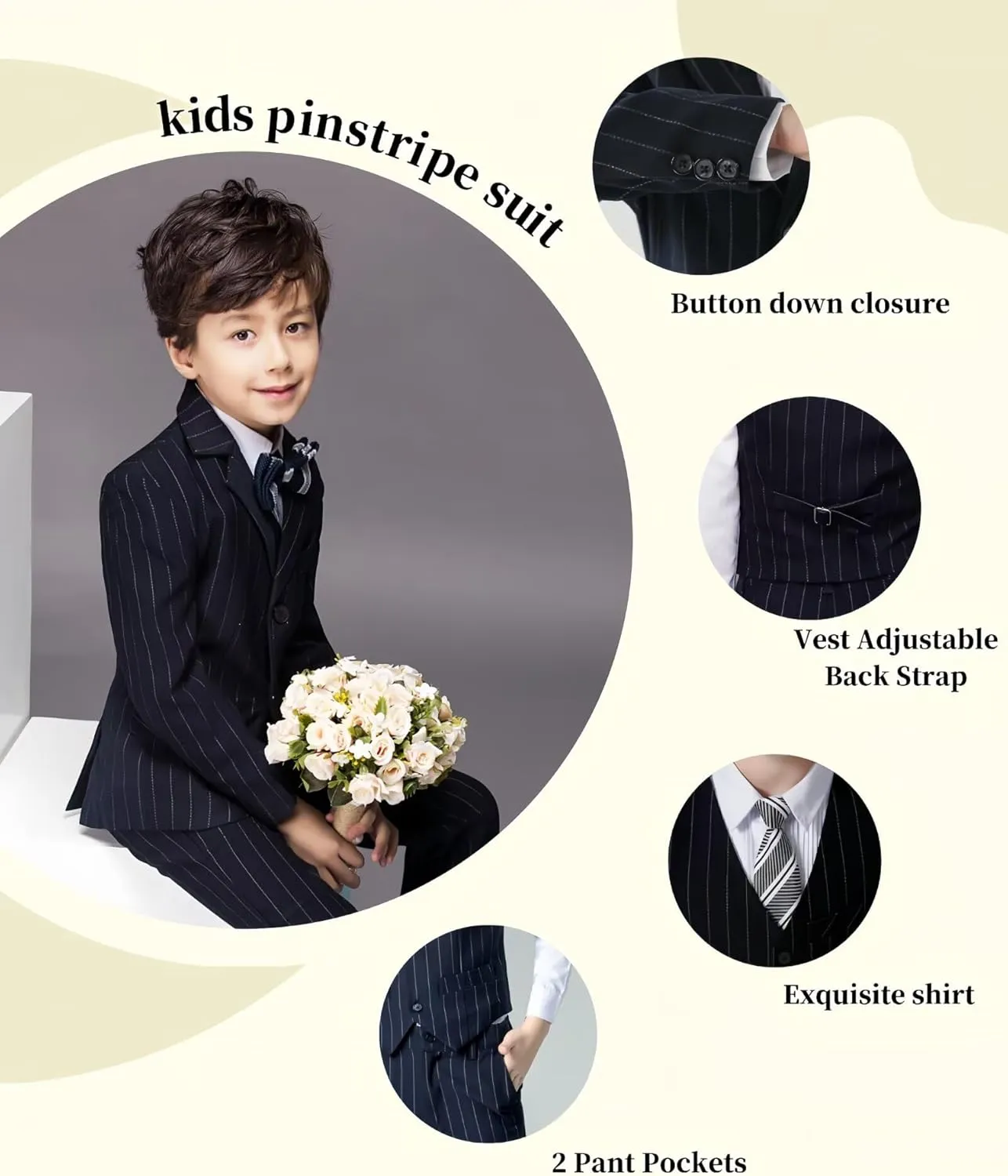 Boys Pinstripe Suits Kids Wedding Bearer Outfit Toddler Boy Communion Clothes Easter Formal Suit Set with Shirt and Tie