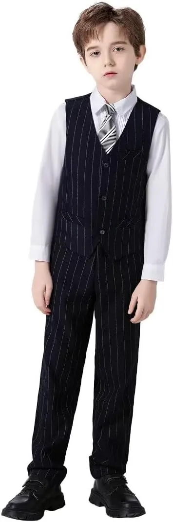 Boys Pinstripe Suits Kids Wedding Bearer Outfit Toddler Boy Communion Clothes Easter Formal Suit Set with Shirt and Tie