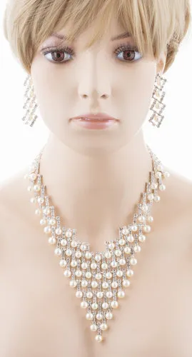 Bridal Wedding Jewelry Crystal Rhinestone Elegant Pearl Drops Necklace J521 SLV