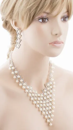Bridal Wedding Jewelry Crystal Rhinestone Elegant Pearl Drops Necklace J521 SLV