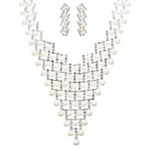 Bridal Wedding Jewelry Crystal Rhinestone Elegant Pearl Drops Necklace J521 SLV