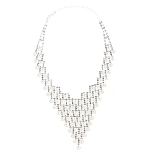 Bridal Wedding Jewelry Crystal Rhinestone Elegant Pearl Drops Necklace J521 SLV