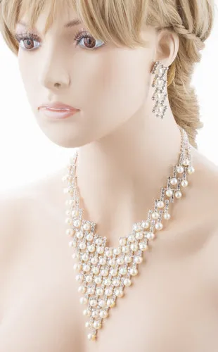 Bridal Wedding Jewelry Crystal Rhinestone Elegant Pearl Drops Necklace J521 SLV