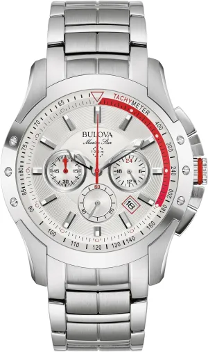 Bulova Men's Marine Star 6 Hand Chronograph Quartz Stainless Steel Watch, Silver White Dial (Model:96B383)