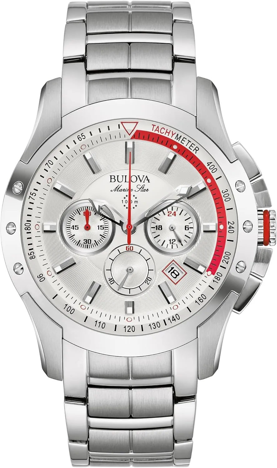 Bulova Men's Marine Star 6 Hand Chronograph Quartz Stainless Steel Watch, Silver White Dial (Model:96B383)