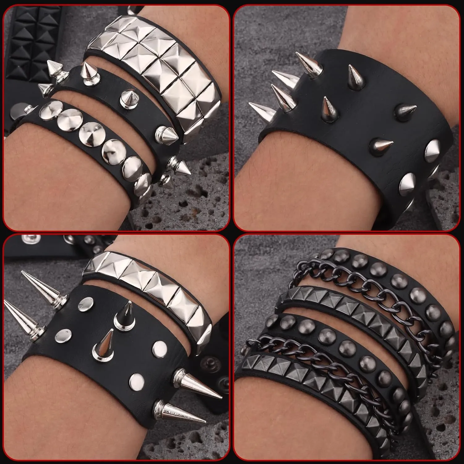 CASDAN Studded Leather Punk Bracelet for Women & Men - Black Gothic Cuff Wrap Snap Button 80s Wristband Emo Bracelet for Halloween Outfits